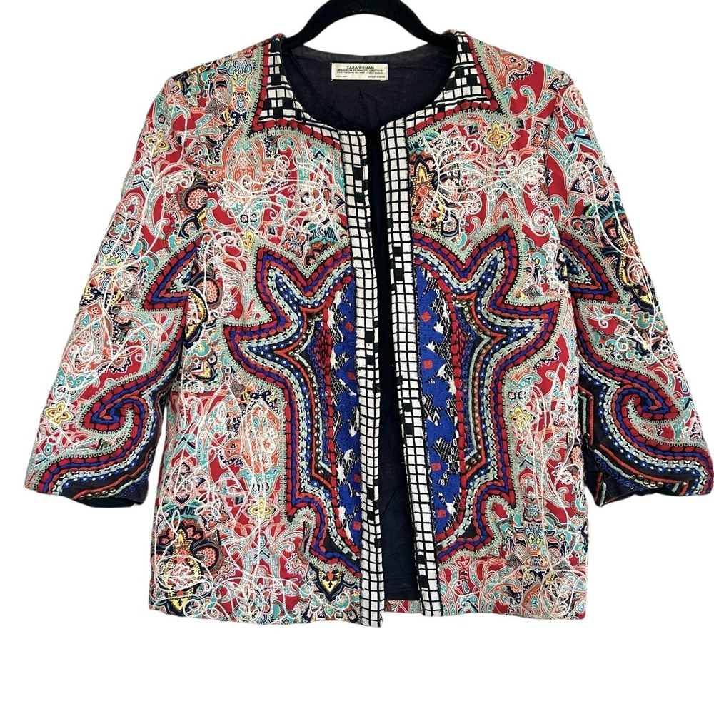 Zara Embroidered Quilted Jacket Womens Small Boho‎ Indie Art to Wear Beaded Crop